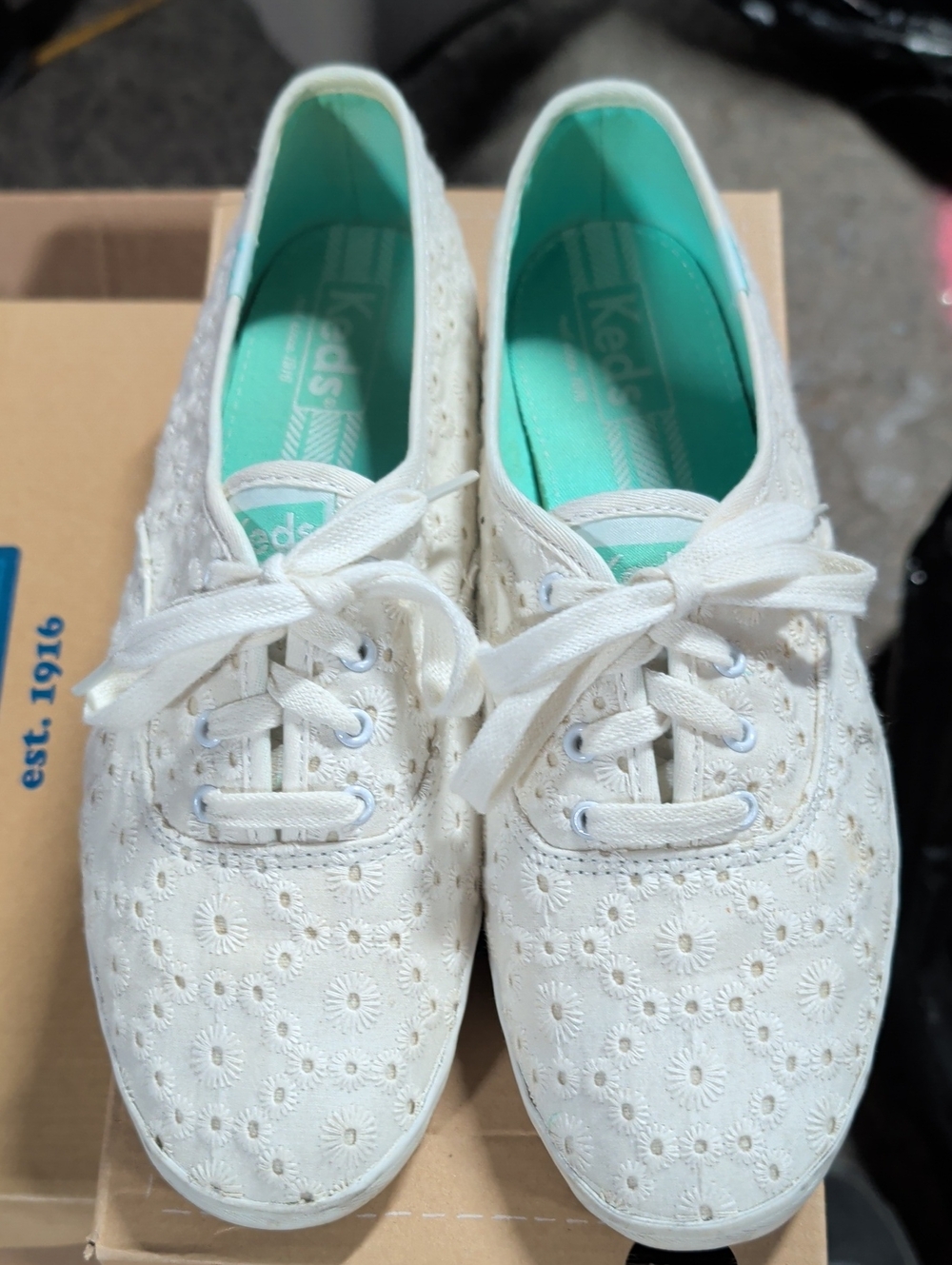 Keds White Eyelet Canvas Sneakers with Mint Insoles